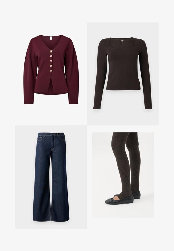Bordo kardigan s dugim rukavima, V-izrezom i pet dekorativnih dugmadi zlatne boje sprijeda. Mekani, pleteni materijal s ravnim krojem.; Crna majica dugih rukava, uskog kroja s kvadratnim izrezom, označena s GAP, prikazana na bijeloj pozadini.; Široke traperice u tamnoplavoj denim boji. Sadrže kontrastno šivanje, pet džepova i kopčanje na dugme u struku. Glatka tekstura.; Crne ravne cipele s malim mašnom na vrhu prstiju, uparene s tamnosmešnim rebrovanim čarapama. Cipele imaju glatku teksturu i nizak profil.