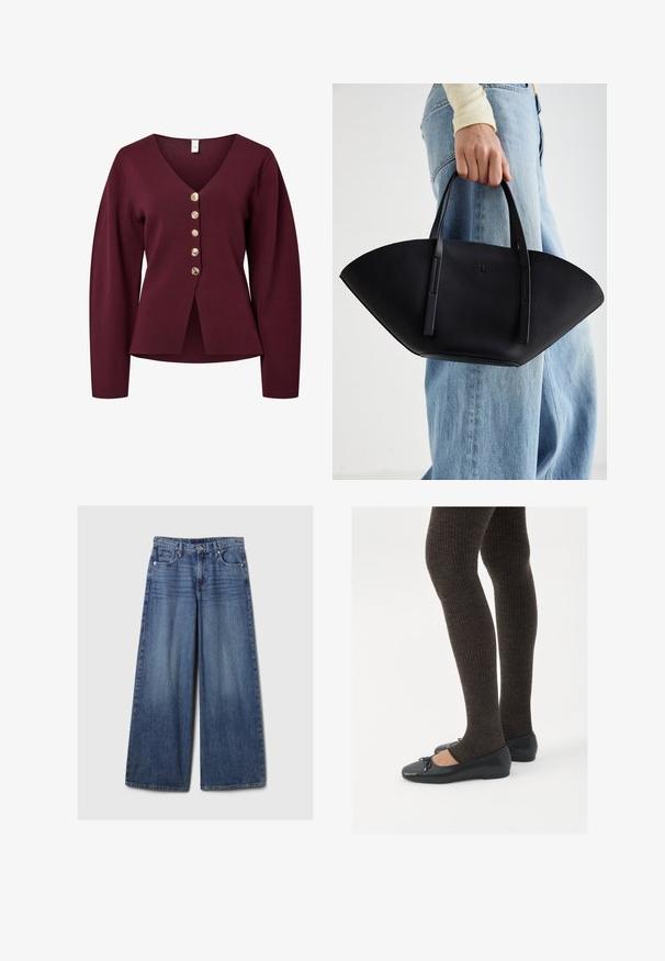 Burgundy cardigan with long sleeves, V-neck, and five decorative gold-tone buttons down the front. Soft, knitted fabric with a straight cut.; Black long-sleeve, fitted top with a square neckline, labeled GAP, displayed on a white background.; Wide-leg blue denim jeans with a faded finish, featuring a button and zipper closure, five pockets, and belt loops.; Black flat shoes with a small bow detail at the toe, paired with dark brown ribbed tights. Shoes have a smooth texture and low profile.; Black leather handbag with a unique fan shape, featuring flat handles. The surface has a pebbled texture and a minimalistic design.