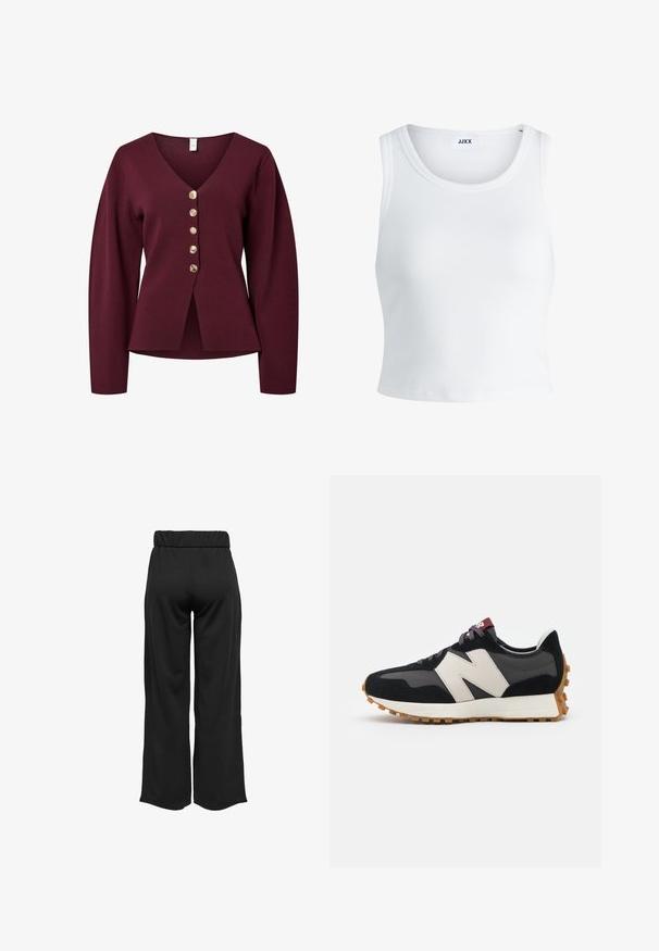 Burgundy kofta med långa ärmar, V-ringning och fem dekorativa knapp i guldfärg framtill. Mjuk, stickad tyg med rak passform.; Vit ribbade linne med rund halsringning, ärmlös design och kort längd. Märket säger "JJXX." Slät tygkvalitet.; Svarta, vida byxor med elastisk midja, tillverkade av en mjuk tyg. Har en ren design utan fickor eller synliga sömdetaljer.; Svart och grå mocka sneaker med en stor krämfärgad "N"-logotyp, lila snören och en texturerad gummisula.