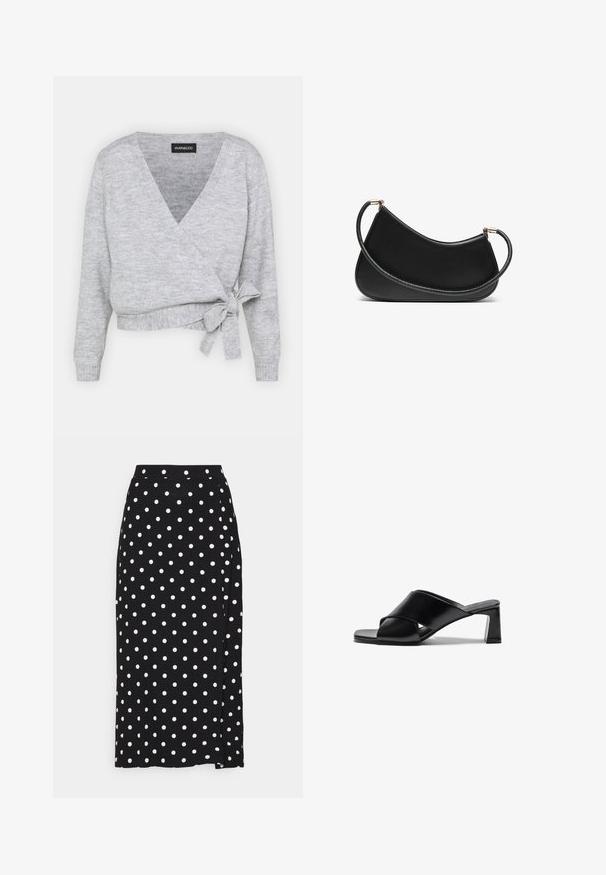 Szürke, V nyakú, hosszú ujjú, kötéssel állítható derékú pulóver, puha, texturált kötött anyagból készült.; Két pamut melltartó: az egyik világos bézs, a másik fekete, vékony pántokkal és V-kivágással. Címkék láthatók a belsejében.; Fekete szoknya fehér pöttyökkel, puha anyagból készült. Egyenes vonalvezetésű, alján rés található a szabad mozgás érdekében.; Fekete bőr magas sarkú szandál, keresztpántos kialakítással, négyzet alakú orral és tömbsarkával. Sima textúra, minimális részletezéssel.; Fekete bőr válltáska ívelt dizájnnal, texturált pánttal és aranyszínű hardverelemekkel a felső záráson. Simára finomított felület.