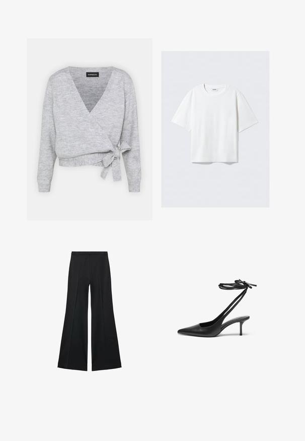 Siva omotna veste s V-izrezom, dugim rukavima i podesivim vezanjem u struku. Izrađena od mekog pletenog materijala s suptilnom teksturom.; Bijela majica kratkih rukava od mekanog pamuka, s okruglim izrezom i opuštenim krojem sa ravnim rubom, jednostavna bez uzoraka ili grafika.; Crne široke hlače s glatkom teksturom, koje imaju prednje nabore i kroj po mjeri. Tkanina je lagana i lepršava.; Crne kožne štikle s šiljastim vrhom, otvorenim leđima i remenčićima koji su vezani u mašnu. Tanak potplat visine 7,5 cm. Glatka tekstura, minimalistički dizajn.