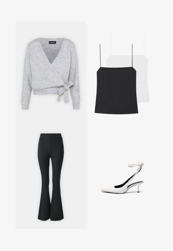 Suéter cinza envolvente com decote em V, mangas longas e um laço ajustável na cintura. Feito de um material de malha suave com uma textura discreta.; São mostrados dois tops de alças: um preto e um branco. Ambos têm alças finas e um design justo, feitos de um tecido liso e elástico.; Calças pretas de boca de sino feitas de tecido elástico. Apresentam uma cintura alta e um design suave e ajustado que se alarga a partir do joelho para baixo.; Sapatos de salto alto brancos com biqueira fina e tiras de calcanhar. Material de couro liso, salto agulha fino e forro interior preto.