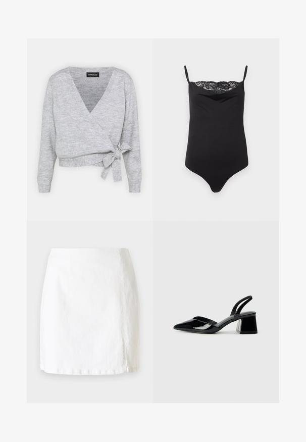 Gray wrap sweater with a v-neck, long sleeves, and an adjustable tie at the waist. Made of soft knit material with a subtle texture.; Black bodysuit with thin straps and a lace trim at the top. Smooth texture, fitted design, and plunging neckline.; White denim mini skirt with a straight cut, featuring a small side slit and clean stitching details for a minimalistic design.; Black patent leather slingback heels with a pointed toe and a geometric block heel. Features a sleek, minimal design and smooth texture.