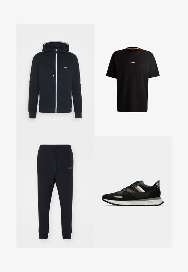 Zwarte zip-up hoodie van zacht materiaal, met een rits aan de voorkant, zijzakken en een logo op de borst. Inclusief verstelbare trekkoorden.; Zwarte katoenen t-shirt met ronde halslijn, korte mouwen en een witte "BOSS"-logo in het midden van de borst. Het heeft een gladde textuur en een casual pasvorm.; Zwarte joggingsbroek van zacht materiaal met een elastische tailleband, trekkoord en taps toelopende benen. Heeft een klein logo aan de zijkant.; Zwarte hardloopschoen met een gestructureerd oppervlak, lichtgrijze accenten en drie horizontale strepen in bruin. Voorzien van een witte, gevoerde zool.