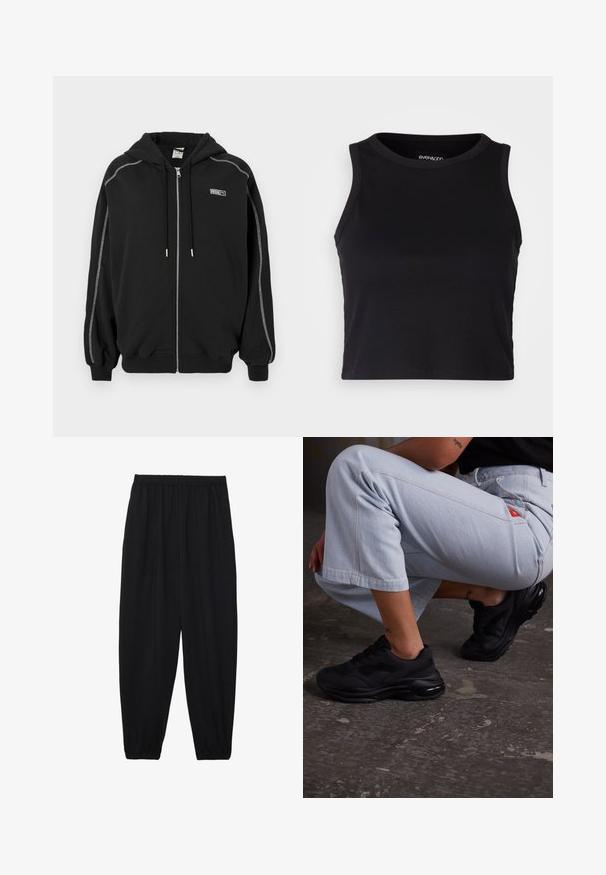 Sweatshirt preto com fecho e capuz, cordões, costuras brancas em contraste nas mangas e pequeno logótipo "Rosie" no peito.; Top cropped preto canelado com gola redonda e design sem mangas. Feito de um tecido macio e elástico, apresentando bordas limpas e com bainha.; Calças pretas, leves, com um cinto elástico e punhos franzidos. O tecido é suave e apresenta um design relaxado e afunilado.; Ténis de futebol pretos com um upper texturizado, sola grossa e amortecimento de ar. Combinados com calças curtas azul claro numa postura casual.