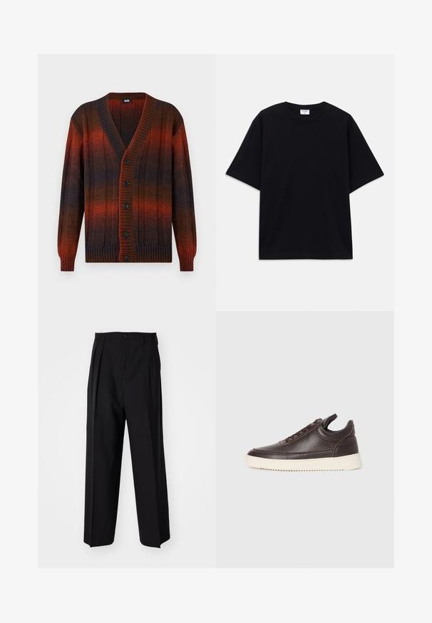 Knappet kabelstrikket cardigan med lange ermer, med et gradientmønster i mørkebrun, svart og dyp rød.; Svart oversized t-skjorte med kort erm og rund hals, med synlig Filippa K-merkelapp inne i kragen.; Sorte plissert bukser med en rett, bred benform. Laget av glatt stoff, med knappelukking og beltehemper.; Mørkebrun strukturert lær sneakers med snøring foran og hvit, rillet gummisåle på en enkel lys bakgrunn.