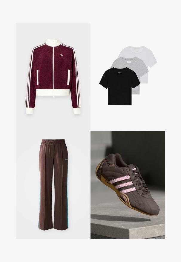 Jaqueta de veludo cotelê cor bordô, cropped, com cós em ribana branco, gola alta, fecho de correr completo e detalhes de três riscas brancas nas mangas.; Conjunto de três t-shirts de manga curta nas cores preto, cinza e branco. Feitas em algodão, com gola redonda e um design simples, em cores sólidas.; Calças atléticas castanhas com uma textura canelada, cintura elástica e riscas laterais turquesa. Apresentam o logo da adidas na frente.; Sapatilha atlética de camurça castanha com riscas e logótipo rosa, apresentando um upper texturizado, fecho de atacadores e uma sola de borracha de goma.