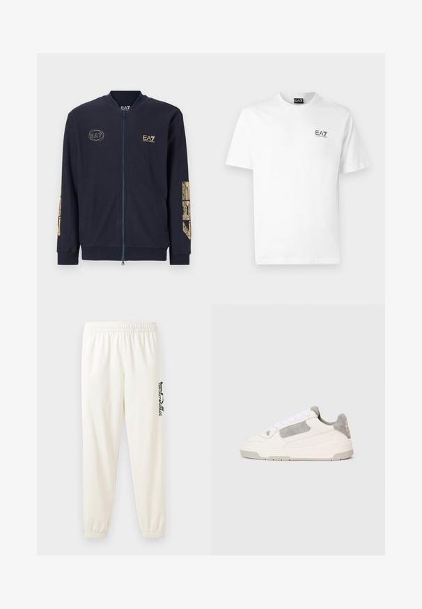 Tumši zilā zipa jaka teksturētā audumā. Iekļauts zelta EA7 logo un grafiskais dizains uz piedurknēm. Ar sānu kabatām un ribotām aprocēm.; Balta kokvilnas T-kreklā ar apaļu kakla izgriezumu, īsām piedurknēm un melnu EA7 logo kreisajā krūtī. Gluda, vienkārša tekstūra.; Gai bēšas sporta bikses ar elastīgu jostu un elastīgām aprocēm. Kreisajā kājā ir melns iegravēts logo. Mīksta auduma tekstūra.; Balti un gaiši pelēki zemas tenisa kurpes ar baltām auklām un zamša akcentiem, attēlotas no sāna uz vienkārša gaiša fona.