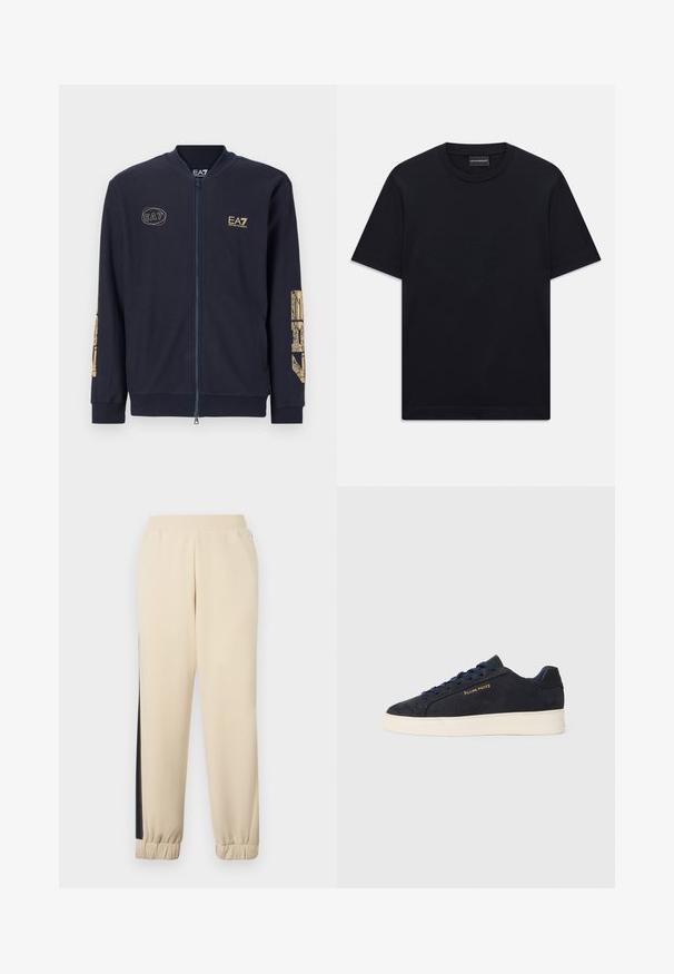 Jakna s patentnim zatvaračem u tamnoplavoj boji od teksturiranog materijala. Sadrži zlatni EA7 logo i grafički dizajn na rukavima. Uključuje bočne džepove i rebraste manžete.; Crna majica kratkih rukava s okruglim izrezom, s blagim reljefnim logotipom smještenim u središtu prsnog dijela i oznakom branda unutar ovratnika.; Krem boje trenirke s crnim bočnim prugama, elastičnim pojasom i rebrastim manžetama. Mekani materijal s opuštenim krojem.; Navy plave sačmene niske tenisice s bijelim potplatom, mornarskim vezicama i "Filling Pieces" logotipom u zlatnoj boji sa strane.