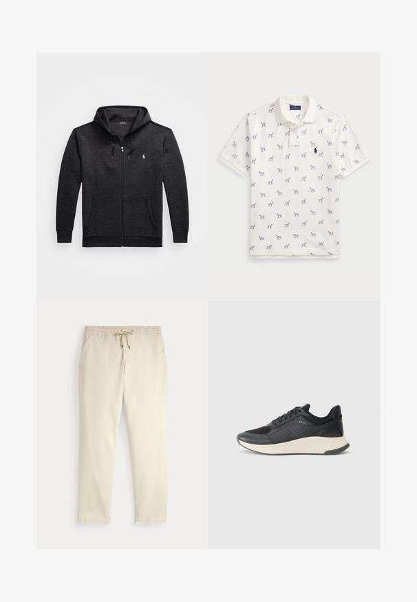 Hoodie cinza escuro com fecho zip, feito de material macio, com capuz ajustável por cordão e bolsos laterais. Apresenta um pequeno logótipo no peito.; Camisola polo branca feita de algodão, com um padrão repetido de cães azuis e um pequeno logotipo azul no peito. Mangas curtas e colarinho.; Calças casuais off-white com cintura elástica e cordão, pernas retas e bolsos laterais, contra um fundo liso.; Sapatilha atlética preta com parte superior em malha com perfurações, uma entressola texturizada em creme e uma sola de borracha para tração.