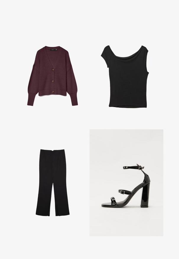 Burgundy knitted cardigan with a V-neck, long sleeves, five large brown buttons, and ribbed hem. Waffle texture throughout the fabric.; Black short-sleeve top made of smooth fabric; features a draped neckline and an asymmetrical hemline, with a fitted body.; Black trousers with a straight fit, featuring front pockets and side slits at the hem. Made of soft, smooth fabric. Suitable for various occasions.; Black patent heeled sandals with a square toe, ankle straps, and silver buckles. Features a chunky block heel for stability.