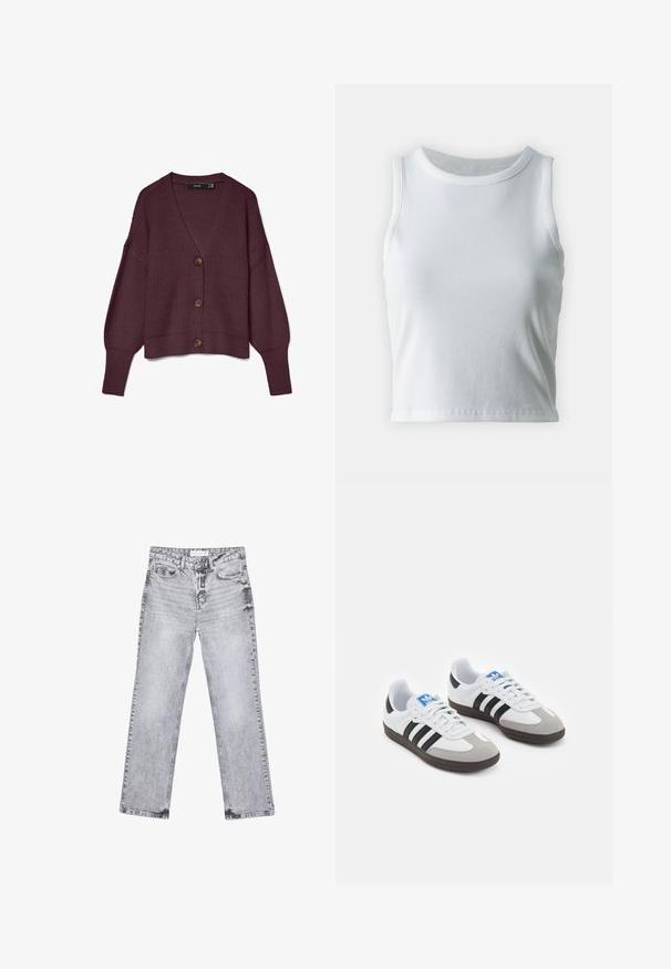 Burgunderfarbener Strickcardigan mit V-Ausschnitt, langen Ärmeln, fünf großen braunen Knöpfen und geripptem Saum. Waffelstruktur im gesamten Stoff.; Weißes, geripptes Tanktop mit runder Ausschnittform und ärmellosem Design, ausgestattet mit einem geraden Saum und einer glatten, dehnbaren Textur.; Graue Jeans aus Denim mit geradem Bein, mit Used-Effekten, fünf Taschen und kupferfarbenen Nieten. Der Bund verfügt über ein Logoshirt.; Sportschuhe mit einem Obermaterial aus weißem Leder, grauer Wildleder-Zehenkappe und drei schwarzen Streifen. Sie verfügen über ein blaues Logo auf der Zunge und eine strukturierte Gummisohle.