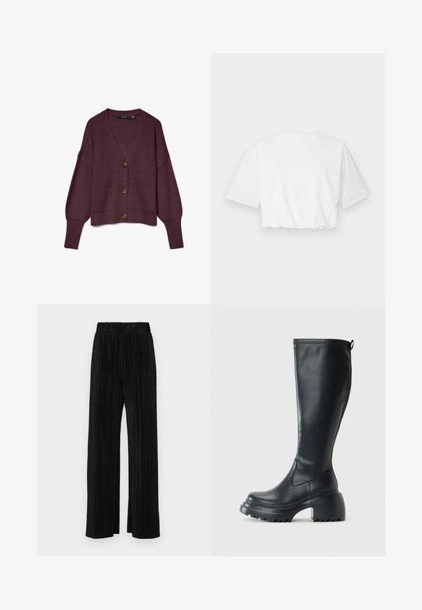 Burgundy színű kötött kardigán V-nyakkal, hosszú ujjak, öt nagy barna gomb és bordás szegély. Waffle textúra az anyagon.; Fehér, rövid puff ujjú, környakú, és ráncolt alsó szélű, rövid fazonú póló, puha pamut anyagból.; Fekete pliszírozott nadrág gumis derekkal. Széles lábakkal rendelkezik, sima, texturált anyagból készült, függőleges csíkokkal.; Magas fekete bőrcipő, vastag platform talppal és blokk sarokkal, húzófüllel és texturált profillal az outsole-on.