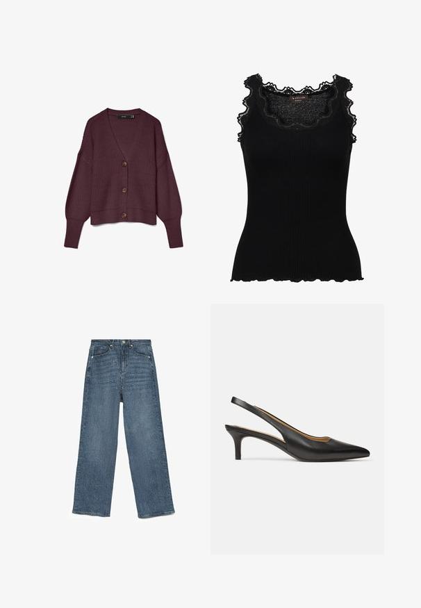 Cardigan tricoté bourgogne avec un col en V, des manches longues, cinq grands boutons marron et un ourlet côtelé. Texture en nid d'abeille sur l'ensemble du tissu.; Débardeur noir à côtes avec dentelle au niveau de l'encolure et des emmanchures. Présente un design ajusté et des bords festonnés pour ajouter de la texture.; Jeans en denim bleu à coupe large avec un motif texturé, design à cinq poches, fermeture à bouton en métal et ourlets cousus, présentant une coupe décontractée.; Escarpin slingback en cuir noir avec bout pointu et petit talon kitten, vu de côté sur un fond blanc uni.