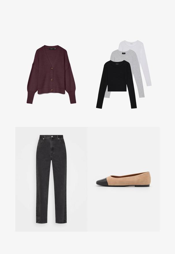 Burgundy knitted cardigan with a V-neck, long sleeves, five large brown buttons, and ribbed hem. Waffle texture throughout the fabric.; Three long-sleeve tops stacked: black, grey, and white. Each has a round neckline and a cropped design with smooth, lightweight fabric.; Straight-leg black denim jeans with high waist, front button and zipper, and five-pocket styling on a white background.; Beige suede ballet flat with a black leather rounded toe cap, low heel, and smooth texture, featuring minimal stitching and a clean design.