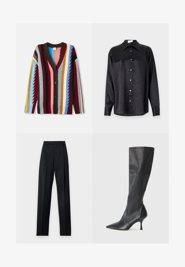 Kootud kardigan V-kaelusega, mitmevärviliste triipudega punases, sinises, kollases ja hallis, viie nööbiga ja ribakudumiga mansettidega.; Musta pikemate varrukatega särk, millel on krae ja kortsus tekstuur, täispikk nööpidega eesmine osa ja varrukate mansetid. Valmistatud siledast kangast.; Mustad püksid siledast kangast, millel on kõrge vöökoht, laiad jalad, esimesed kortsud ja klassikalised vööloopid. Küljepockets pole nähtavad.; Knee-high mustad nahksaapad terava nina ja kitsaste stiilsete kontsadega. Sile tekstuur sobiva disainiga ja õmblused ülemisel serval.