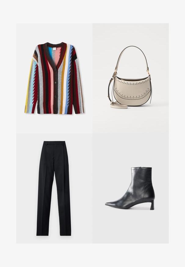 Knit cardigan featuring a V-neck, multi-colored stripes in red, blue, yellow, and gray, with five buttons and ribbed cuffs.; White ribbed short-sleeve T-shirt with a crew neck. The fabric appears smooth with a fitted silhouette. Branding label visible at the collar.; Black trousers made from smooth fabric featuring a high waist, wide legs, front pleats, and classic belt loops. No side pockets visible.; Black leather ankle boot with a pointed toe and a sleek design. Features a low heel and a zipper closure at the back. Smooth texture.; Vanessa Bruno MINI DAILY BAG - Handbag - ivoire