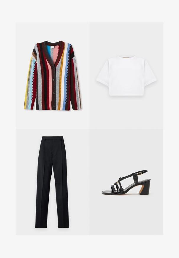 Pletený cardigan s výstrihom do V, viacfarebnými pruhmi v červenej, modrej, žltej a sivej farbe, s piatimi gombíkmi a rebrovanými manžetami.; Strihnuté biele tričko vyrobené z mäkkej látky, s krátkymi rukávmi, okrúhlym výstrihom a rebrovanými detailmi na lemovaní. Jednoduchý a nezdobený dizajn.; Čierne nohavice vyrobené z hladkej látky s vysokým pásom, širokými nohavicami, prednými záhybmi a klasickými pútkami na opasok. Žiadne bočné vrecká nie sú viditeľné.; Paul Smith AMIRA - Klasické lodičky na opätku - black