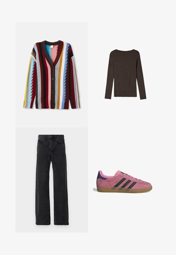Gebreide cardigan met een V-hals, meerkleurige strepen in rood, blauw, geel en grijs, voorzien van vijf knopen en ribgebreide manchetjes.; Lange mouwen bruine top gemaakt van textuurstof, met een ronde halslijn en een eenvoudige, getailleerde silhouet zonder zichtbare versieringen.; Zwarte denim jeans met een wijd pijpdesign, voorzien van de klassieke vijf-pocket stijl, knoopsluiting en subtiele vervaging.; Roze suède sneaker met zwarte strepen, rubberen zool en textuur op de paarse hak. Voorzien van een vetersluiting en opgedrukte merknaam aan de zijkant.