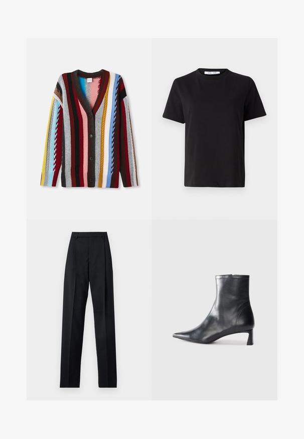 Cardigan lavorato a maglia con scollatura a V, strisce multicolori in rosso, blu, giallo e grigio, con cinque bottoni e polsini a costine.; T-shirt nero a maniche corte realizzato in morbido cotone, con scollatura rotonda, vestibilità rilassata e una superficie liscia. Nessun motivo o grafica visibile.; Pantaloni neri realizzati in tessuto morbido, caratterizzati da vita alta, gambe larghe, pince frontali e classiche passanti per cintura. Non ci sono tasche laterali visibili.; Stivaletto in pelle nera con punta affusolata e design elegante. Presenta un tacco basso e una chiusura con zip sul retro. Texture liscia.