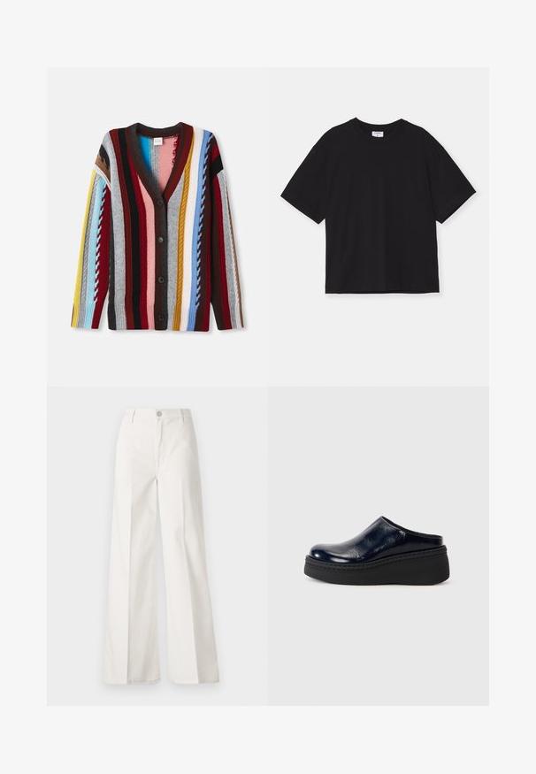Strickjacke mit V-Ausschnitt, mehrfarbigen Streifen in Rot, Blau, Gelb und Grau, mit fünf Knöpfen und gerippten Bündchen.; Schwarzes kurzärmeliges T-Shirt aus Baumwolle. Es hat eine lockere Passform, einen runden Halsauschnitt und keine sichtbaren Muster oder Verzierungen.; Weiße weite Hosen aus Baumwolle mit glatter Textur. Sie verfügen über einen vorderen Knopf, einen Reißverschluss und ein Design mit vier Taschen.; Marineblaue Lackledersandale mit glatter Oberfläche, ausgestattet mit einer dicken schwarzen Plattformsohle und sichtbaren Nähten entlang der Basis.