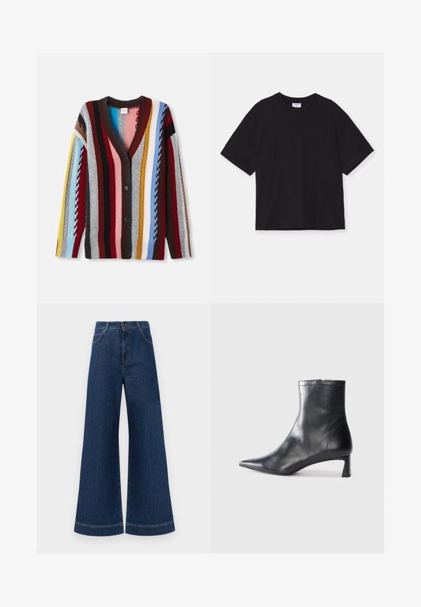 Cardigan en tricot avec un col en V, rayures multicolores rouge, bleu, jaune et gris, avec cinq boutons et des poignets côtelés.; T-shirt noir à manches courtes en coton. Il présente une coupe décontractée, un col rond et aucun motif ni embellissement visible.; Jeans en denim bleu à taille haute et jambes larges, avec une fermeture à bouton, des passants de ceinture et des détails de couture subtils le long des poches et des ourlets.; Bottine en cuir noir avec un bout pointu et un design épuré. Présente un petit talon et une fermeture éclair à l'arrière. Texture lisse.