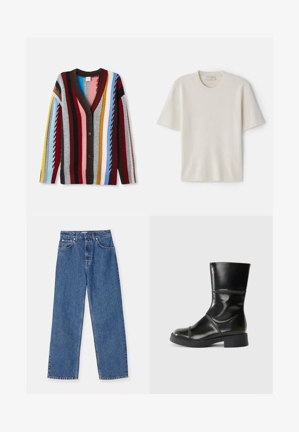 Cardigan en tricot avec un col en V, rayures multicolores rouge, bleu, jaune et gris, avec cinq boutons et des poignets côtelés.; T-shirt crème à manches courtes avec un col rond, fabriquée à partir d'un matériau doux, arborant une coupe droite et un minimalisme dans les détails.; Jean en denim bleu avec une coupe évasée, design classique à cinq poches et accents en métal. Légère décoloration du tissu présente.; Bottine en cuir noir avec un bout rond, finition lisse, coutures contrastées et un talon bloc, présentant une silhouette légèrement effilée.