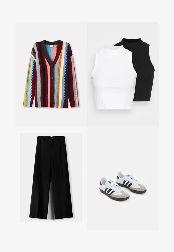 Knit cardigan featuring a V-neck, multi-colored stripes in red, blue, yellow, and gray, with five buttons and ribbed cuffs.; Two sleeveless ribbed turtleneck tops in black and white, featuring a fitted design and smooth texture, with cropped length.; Black wide-leg trousers made of lightweight fabric, featuring a front button closure and flat front, with neatly stitched hems.; Sport shoes with a white leather upper, gray suede toe, and three black stripes. Features a blue logo on the tongue and a textured rubber sole.