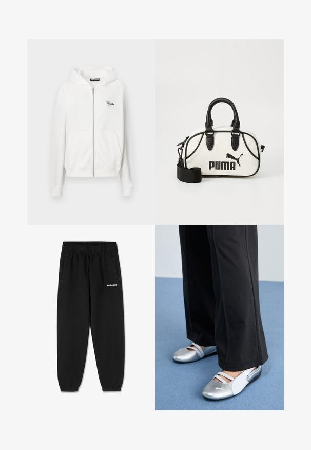 Balta zip-up džemperis su grublėta tekstūra, su styginiu gobtuvu ir šoninėmis kišenėmis. Mažas juodas "P" logotipas yra kairėje krūtinės pusėje.; Pilkas medvilnės marškinėliai trumpomis rankovėmis, turintys apvalią iškirptę ir mažą baltą "PEGADOR" logotipą priekyje. Sklandi tekstūra, laisvas siluetas.; Juodos sportinės kelnės, pagamintos iš minkštos medžiagos, su raišteliu juosmenyje, siaurėjančiomis kojomis ir šoninėmis kišenėmis. Priekyje yra baltas "PEGADOR" logotipas.; Sidabrinės ir baltos plokščios bateliai su kryžminiais dirželiais ir tekstūruotu raštu, derinami su laisvais juodais kelniais. Fonas - mėlyna grindų danga.; Balta rankinė su juodais akcentais, su Puma logotipu. Trumpi, apvalūs rankenėlės ir nuimamas diržas, pagaminta iš tekstūruotos sintetinės medžiagos.