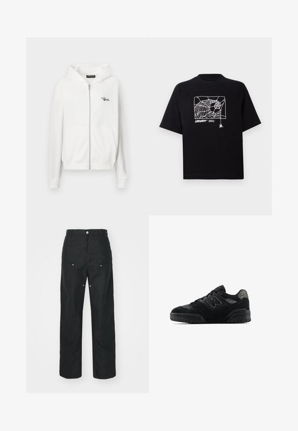 White zip-up hoodie with ribbed texture, drawstring hood, and side pockets. Features small black "P" logo on the left chest.; Black T-shirt made of cotton with short sleeves. Features a white spider web graphic and logo on the front. Simple rounded neckline.; Black trousers with a straight-leg design, made of a textured fabric. Features decorative silver hardware and unique seam detailing.; Black low-top sneaker with textured sole, lace-up design, suede panels, and patterned accents on heel and side logo.