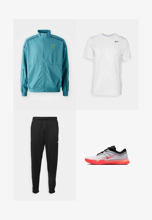 Teal zip-up jakke med høy krage, sidelommer, og svarte aksentstriper over skuldrene. Har en logo i gult på brystet.; Hvit kortermet t-skjorte laget av glatt stoff. Har rund hals og en liten svart Nike-logo på venstre bryst.; Svarte treningsbukser laget av glatt stoff, med elastisk midje, smale ben og en liten hvit logo på venstre side.; Hvit og svart idrettssko med lys orange såle og Nike-svung, lavprofil design og teksturert grep på den fremre yttersålen.