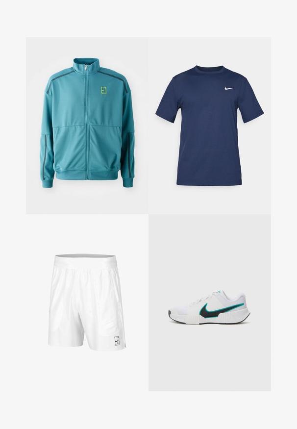 Teal zip-up jacka med hög krage, sidofickor och svarta accenter längs axlarna. Har en gul logotyp på bröstet.; Marineblå Nike-t-shirt tillverkad av mjukt tyg, med korta ärmar, rundad halsringning och en liten vit logotyp på övre vänstra bröstet.; Vita sportshorts med elastisk midja, två sidofickor och en liten svart logotypdetalj framtill nere. Slät textur.; Vit idrottssko med texturerat mesh-övre, svart gummisula och turkosa Nike-logga som accent. Har snören och vadderad krage.
