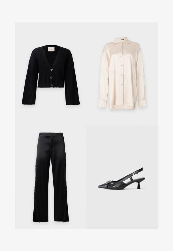 AERON MORROW - Jopica - black; AERON ABIGAIL SHIRT - Bluza z gumbi - silver; Črne satenske hlače širokih nogavic, ki imajo čipkaste detajle ob stranskih šivih in ravno sprednjo pasnico. Enostavna hrbtna stran brez žepov.; Črne usnjene sandale središnje zaponke z ostro konico, okrasnimi trakovi z kovinskimi očesi in nizko blokasto peto. Teksturirana površina.