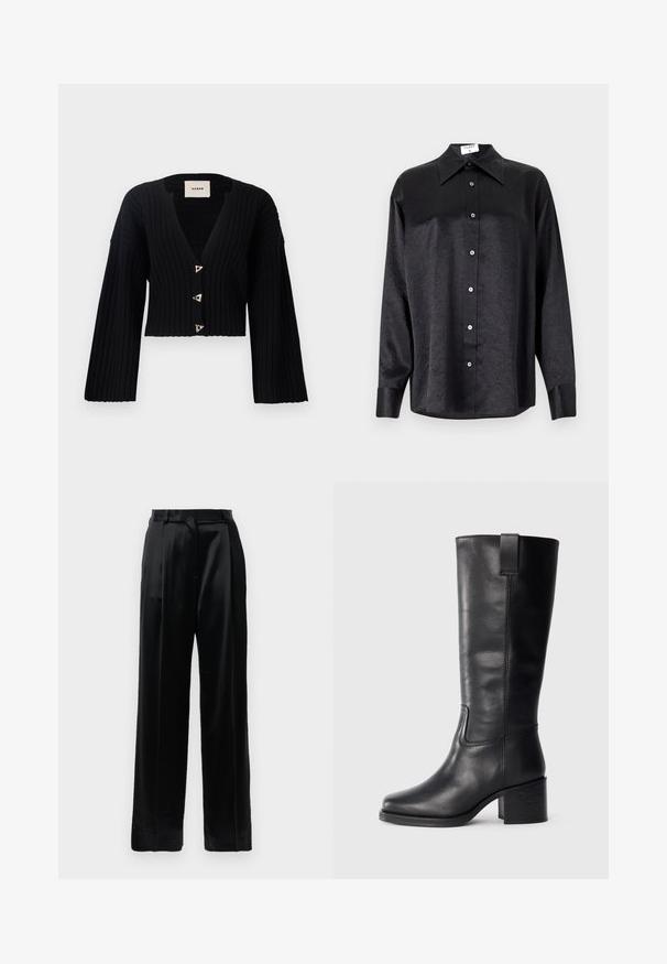 AERON MORROW - Kardigan - black; Musta pikemate varrukatega särk, millel on krae ja kortsus tekstuur, täispikk nööpidega eesmine osa ja varrukate mansetid. Valmistatud siledast kangast.; Mustad kõrge vöökohaga satiinstruktuuriga püksid, sirgete laiade jalgadega, vööloopide ja lapiku eeskinni sulgemisega valge tausta ees.; Musthave mustad nahktoodete bikiinibootid, millel on sile pind, ruudukujuline varvas, plokk-kand ja külgmine tõmbeaas, minimaalse õmblusega detailid.