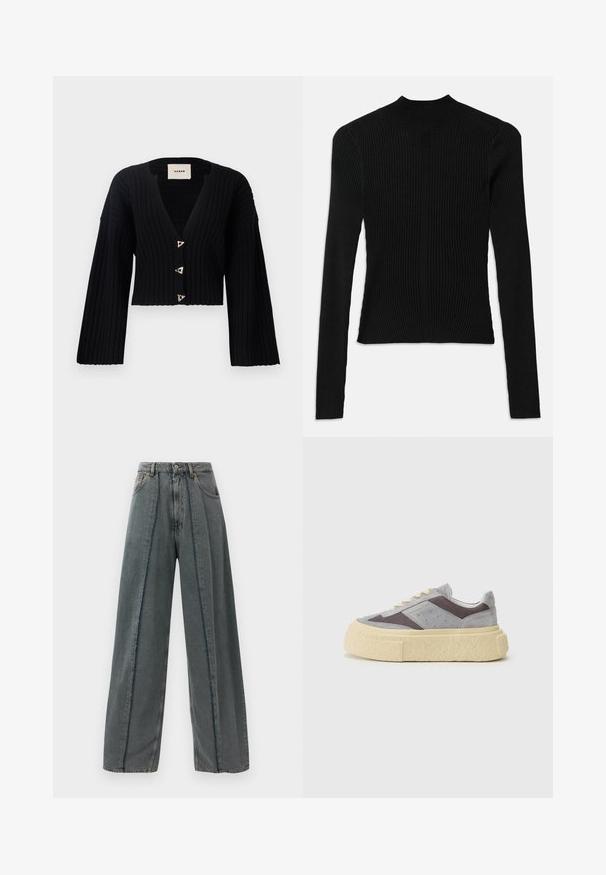 AERON MORROW - Adīta jaka - black; Melnā ribota ilgstoša blūze ar augstu apkakli un pieguļošu siluetu, kas piedāvā vertikālu tekstūru un vīļu detaļas plecos.; Plati kāju tumši pelēki džinsi ar augstu jostasvietu, ar saplēstām dūriņu detaļām, kas vertikāli iet gar priekšpusi, un klasisku piecu kabatu dizainu.; Pelēki zamšādas sporta apavi ar sieta paneļiem, krēmkrāsas zole un noapaļota purngala forma. Iekļautas beigu krāsas šņorītes un vieglas perforācijas sānos.