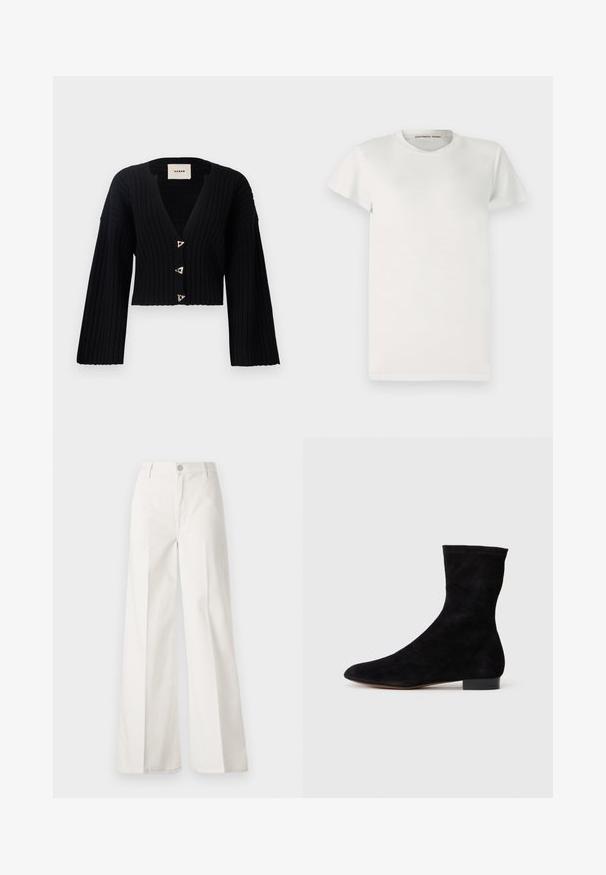AERON MORROW - Kardigán - black; Biely krátky rukáv tričko vyrobené z bavlny, s okrúhlym výstrihom a jednoduchým strihom. Nálepky ukazujú "DESIGNERS REMIX" vo vnútri goliera.; Biele široké nohavice vyrobené z bavlny s hladkou textúrou. Obsahujú predný gombík, zips a dizajn so štyrmi vreckami.; Čierne semišové členkové topánky s priliehavým zvrškom, špicatou špičkou a nízkym blokovým opätkom. Hladká textúra a minimalistický dizajn, vhodné na všestranné kombinovanie.