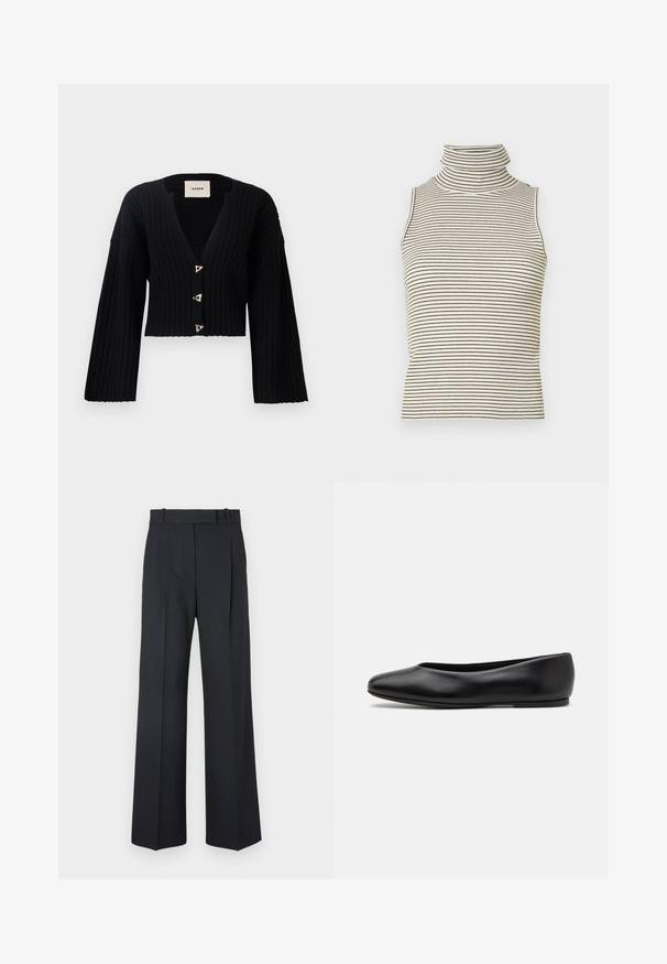 AERON MORROW - Cardigan - black; Sleeveless turtleneck top with vertical black and white stripes, made of a textured knit fabric, featuring a high, snug collar.; Dark blue pinstriped trousers with a high waist, wide leg design, and no visible hardware or embellishments. Smooth texture and tailored fit.; Paul Smith TOPANGA - Ballet pumps - black