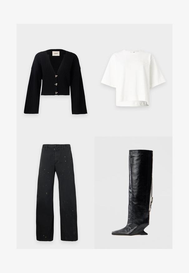 AERON MORROW - Cardigan - black; Tricou alb scurt cu mâneci, dintr-un material moale, având un logo discret embosat în zona stângă a pieptului.; MM6 Maison Margiela PANTS - Blugi loose fit - black; Cizme negre din piele, până la genunchi, cu vârf ascuțit, toc cu pană unic și un accent lateral cu lanț. Textură netedă cu un finisaj lucios.