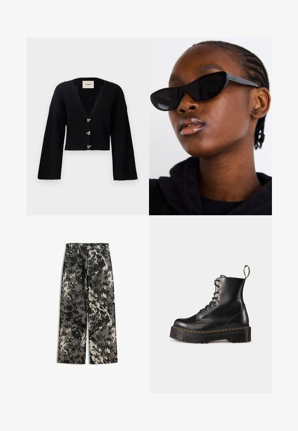AERON MORROW - Strickjacke - black; Drei langärmelige Oberteile in Hellblau, Schwarz und Weiß. Das Design verfügt über einen runden Ausschnitt und eine weiche, leichte Stofftextur.; Hochtaillierte, weit geschnittene Hose mit einem strukturierten schwarz-weißen Blumenmuster auf grauem Hintergrund, mit einem klassischen Bund und vorderen Taschen.; Schwarze Leder-Schnürstiefel mit knöchelhohem Schaft, einer robusten schwarzen Sohle und gelben Nähten. Verfügt über eine Lasche hinten und runde Metallösen.; Schwarze Cat-Eye-Sonnenbrillen mit matter Oberfläche, die sich durch ein elegantes Design und sanft geschwungene Kanten auszeichnen, vor einem Modell in dunkler Kleidung.