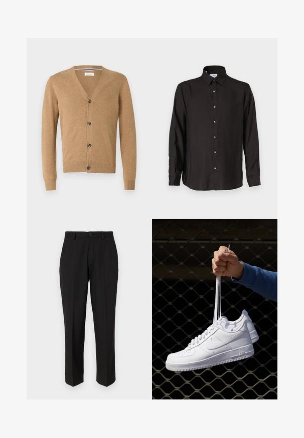 Beige Cardigan aus weichem Material, mit V-Ausschnitt, Knopfschluss, langen Ärmeln und gerippten Bündchen und Saum.; Schwarzes Langarmhemd aus glattem Stoff, mit durchgehender Knopfleiste, spitzem Kragen und abgerundetem Saum mit kontrastierenden Knöpfen.; Schwarze Hosen aus glattem Stoff mit geradem Bein, Fronttaschen, einem einzigen Knopfverschluss und ohne sichtbare Muster.; Weiße Leder-Sneaker mit Perforationen, runder Zehenpartie, flacher Sohle und dicken Schnürsenkeln, mit sichtbar eingesticktem Swoosh-Logo und "AIR" an der Ferse.