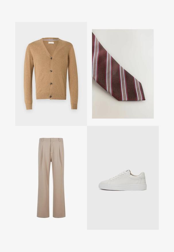 Pehmeast materjalist valmistatud beež kardigan, millel on V-kaelus, nupulukk, pikad varrukad ning soonikkoes mansetid ja äär.; Valge puuvillane nööbiga särk klassikalise kraega, pikkade varrukatega ja väike brodeeritud logo vasakul rinnal.; Bežid plisseeritud püksid, mis on valmistatud siledast kangast ja omavad sirget sääre disaini, millel on nööpkinnitus ja peened õmblusdetailid.; Valged nahast madalad tossud ümarate varvastega, lame valge kummitald ja minimalistlikud õmblustead. Paelad kinnitatud läbi kuue silma.; Next STRIPE - Lips - red