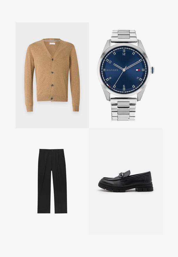 Beige Cardigan aus weichem Material, mit V-Ausschnitt, Knopfschluss, langen Ärmeln und gerippten Bündchen und Saum.; Set aus acht schwarzen Baumwoll-T-Shirts mit kurzen Ärmeln und Rundhalsausschnitten, die ein schlichtes Design und eine weiche Textur aufweisen.; Schwarze Hose mit geradem Schnitt, aus einem glatten Stoff gefertigt. Verfügt über Vorderfalten und einen einzelnen Knopfverschluss an der Taille.; Schwarzer Lederloafer mit runder Zehenform, einem dekorativen Riemen und Hardware sowie einer robusten, strukturierten Sohle. Glatte Oberfläche mit dezenten Details.; Silberne Metall-Uhr mit einem gebürsteten blauen Zifferblatt, weißen Stundenmarkierungen und einem Datumsanzeiger. Verfügt über ein verlinktes Metallarmband und ein Markenlogo.