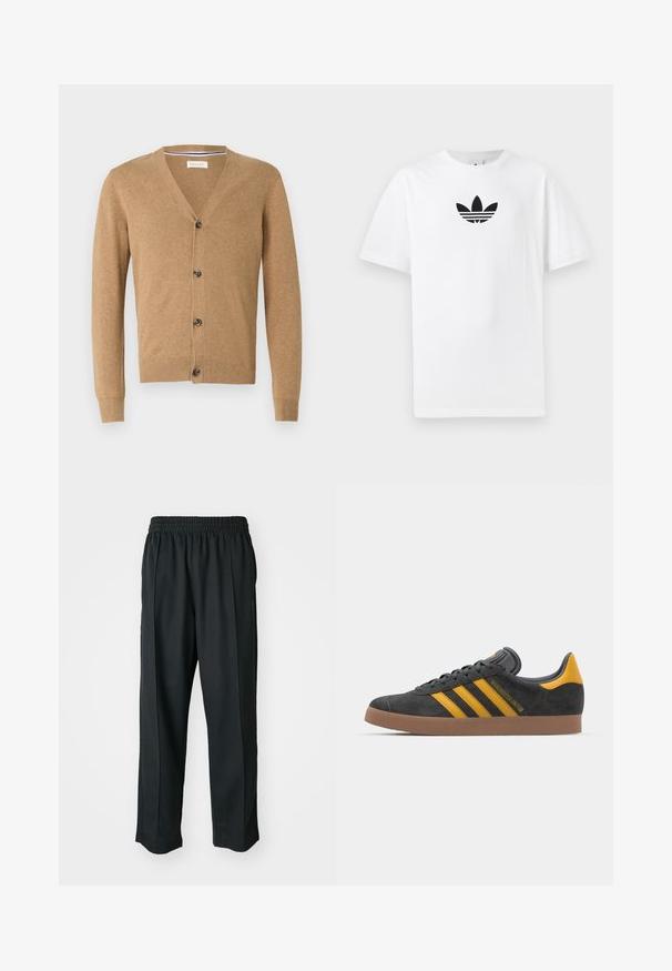 Tan cardigan made of a soft material, featuring a V-neck, button closure, long sleeves, and ribbed cuffs and hem.; White cotton T-shirt featuring a black Adidas logo at the center. Short sleeves and a crew neck design. Smooth texture.; Black athletic pants with an elastic waistband, made of smooth fabric, featuring subtle side stitching and a relaxed fit, straight leg design.; Black suede sneaker with yellow accents, featuring three stripes and a brown rubber sole. Includes a padded tongue for comfort.
