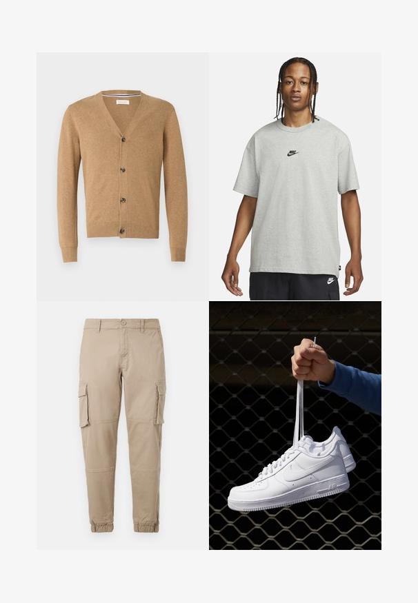 Tan vest gemaakt van een zachte stof, met een V-hals, knoopsluiting, lange mouwen en geribbelde manchetten en zoom.; Jong persoon met gevlochten haar, gekleed in een lichtgrijs Nike T-shirt en zwarte Nike shorts tegen een effen witte achtergrond.; Beige cargobroek van lichtgewicht katoenen materiaal. Kenmerkend zijn de elastische boorden, meerdere zijzakken en een knoopsluiting.; Witte leren sneakers met perforaties, ronde neus, vlakke zool en dikke veters, met een zichtbare swoosh-logo en "AIR" op de hiel.