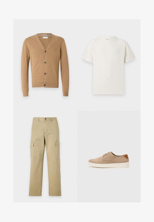 Pehmeast materjalist valmistatud beež kardigan, millel on V-kaelus, nupulukk, pikad varrukad ning soonikkoes mansetid ja äär.; Valge lühikeste varrukatega T-särk ribakudumises. Ümar kaelus, mugav lõige, nähtavad mustrid ega aksessuaarid puuduvad. Lihtne ja mitmekesine disain.; Beige cargos, mis on valmistatud puuvillast, sisaldavad kahte küljetaskut, nööbiga sulgemist ja sirgeid jalgu, millel on kergelt tekstureeritud kangas.; Beežid nahast tossud ümarate varvastega, paeltega esiosa ja tekstuuriga tagakontuuriga. Valge kummist tallapakkumine loob kontrasti. Lihtne ja kaasaegne disain.