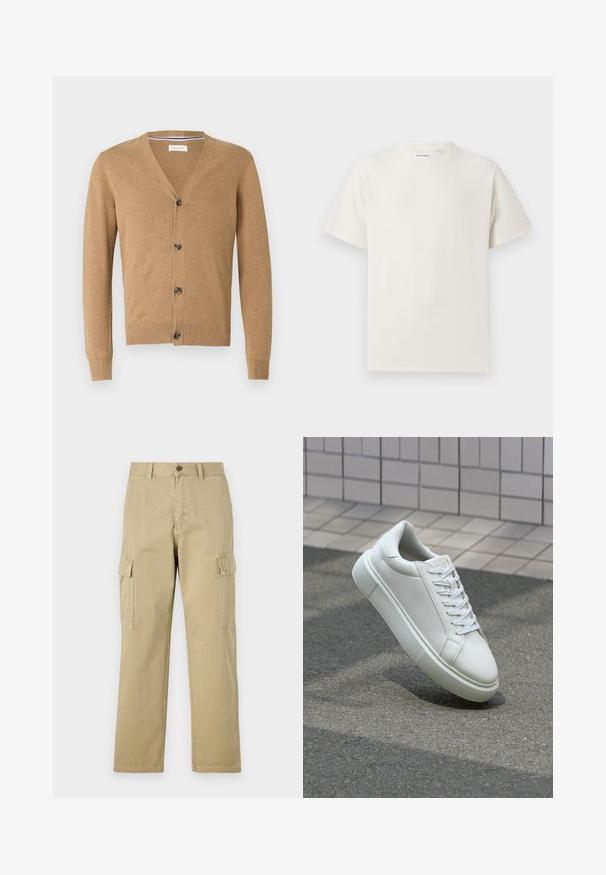 Beige Cardigan aus weichem Material, mit V-Ausschnitt, Knopfschluss, langen Ärmeln und gerippten Bündchen und Saum.; Weißes T-Shirt mit kurzen Ärmeln in gerippter Textur. Runder Ausschnitt, lockere Passform, keine sichtbaren Muster oder Akzente. Einfaches und vielseitiges Design.; Beige Cargo-Hosen aus Baumwolle, mit zwei Seitentaschen, einem Knopfverschluss und geraden Beinen aus einem leicht strukturierten Stoff.; Weiße Leder-Sneaker mit glatter Oberfläche, runder Zehenpartie und flachen weißen Schnürsenkeln. Verfügt über eine strukturierte Gummisohle und minimalistische Designelemente.