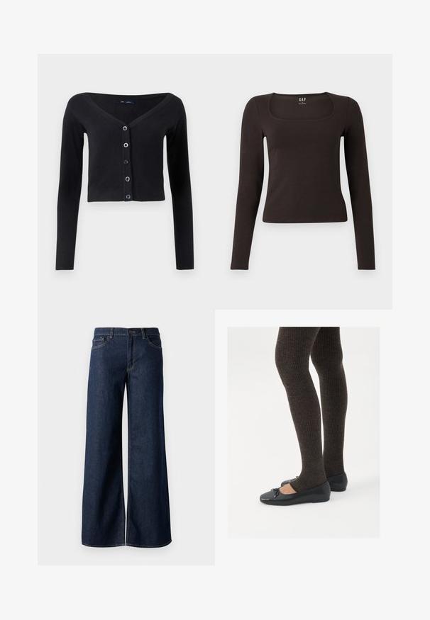 Fekete, rövidített kardigán, puha kötött anyagból, hosszú ujjal, V-nyakkivágással és hat gombos záródással, kék gombokkal.; Fekete, hosszú ujjú, elasztikus felső négyzet alakú dekoltázzsal, GAP felirattal, fehér háttér előtt bemutatva.; Sötét kék farmer széles lábú nadrág. Kontrasztos varrással, öt zsebhálóval és gombos derékzárással rendelkezik. Simás textúra.; Fekete lapos cipők kis masni díszítéssel az orrán, sötétbarna bordázott harisnyával párosítva. A cipők sima textúrával és alacsony profilúak.