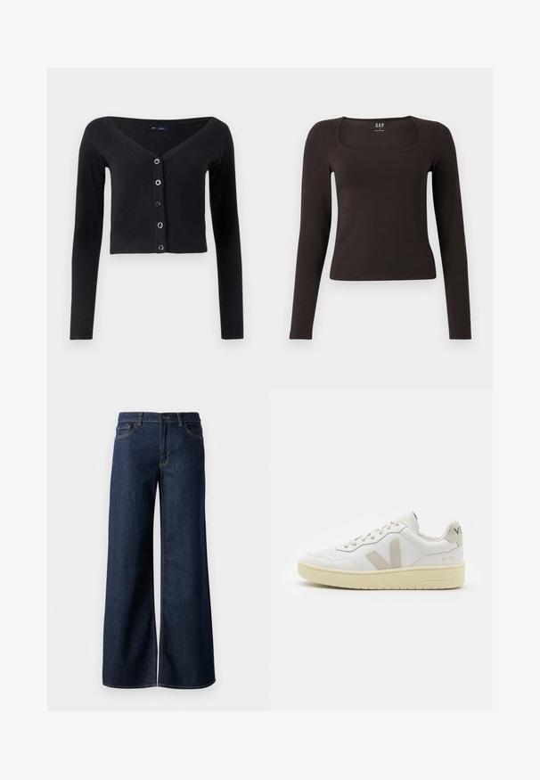 Juodas trumpas rankovėmis megztinis, pagamintas iš minkštos mezgimo medžiagos, su V formos iškirpte ir šešiais mygtukų užsegimais, kurių spalva yra mėlyna.; Juoda ilgomis rankovėmis, prigludusi bluzonėlė su kvadratine iškirpte, žymėta GAP, rodoma baltame fone.; Plati kojinės džinsai tamsiai mėlynos džinsinės medžiagos. Yra kontrastingas siuvimo ornamentas, penkios kišenės ir užsegimas mygtuku juosmenyje. Lygus paviršius.; Balti odiniai sportbačiai su kreminiais zomšos akcentais, perforuota pirštų dalimi, plokščiomis raišteliais ir struktūruota kreminėmis padomis. Ant kulno yra subtilus ženklinimas.