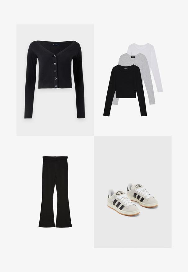 Czarny krótki kardigan z miękkiego dzianiny, z długimi rękawami, w dekoltem w serek oraz sześcioma zapięciami na guziki w niebieskim kolorze.; Trzy bluzki z długim rękawem ułożone jedna na drugiej: czarna, szara i biała. Każda z okrągłym dekoltem i skróconym fasonem, wykonana z gładkiego, lekkiego materiału.; Czarne legginsy w stylu dzwonów wykonane z elastycznej tkaniny. Posiadają szeroki pas i gładką teksturę, z dopasowanym krojem, który rozszerza się ku dołowi.; Szare zamszowe trampki z białymi sznurówkami, czarnymi paskami i białą gumową podeszwą. Posiadają okrągłe logo na języku oraz gumową podeszwę.