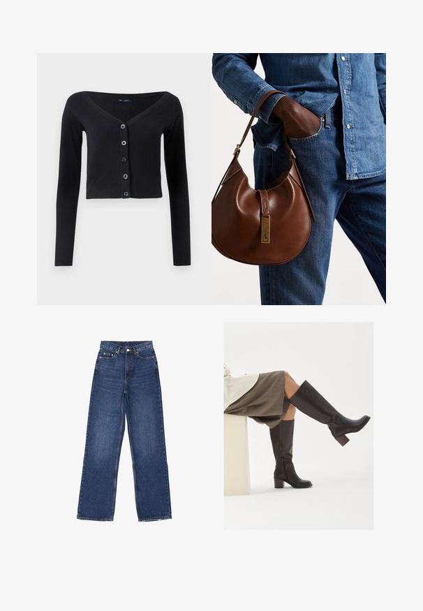 Černý zkrácený kardigan z měkkého pleteného materiálu s dlouhými rukávy, ve výstřihu do V a se šesti knoflíky, které mají modrou barvu.; Dvě bezrukávové žebrované roláky v hnědé a černé barvě, vystavené na bílém pozadí.; Svetle modré džíny s širokými nohavicemi a vysokým pasem, se zapínáním na knoflík, pěti kapsami a jemným vyblednutím na látce.; Hnědé kožené vysoké boty po kolena se čtveratou špičkou, robustním podpatkem a bočním zipem. Hladký povrch s lesklým povrchem.; Hnědá kožená hobo taška zaobleného tvaru, se zlatým kováním a kontrastním prošíváním. V kombinaci s džínovou košilí a džíny.